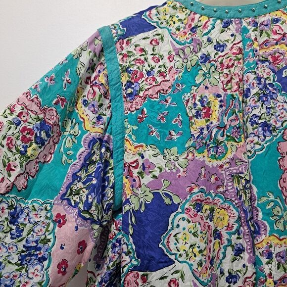 Vintage Mureli Floral Print Silk Studded Zip-Up Oversized Lightweight Jacket Sm - Picture 12 of 17